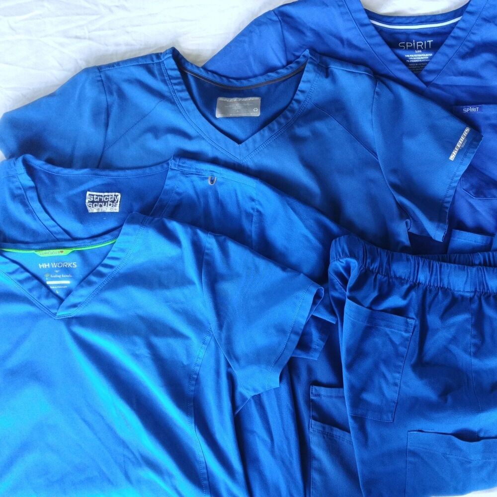 Lot of 5 Royal Blue Scrubs Set Large Skechers Healing Hands Tops Pants